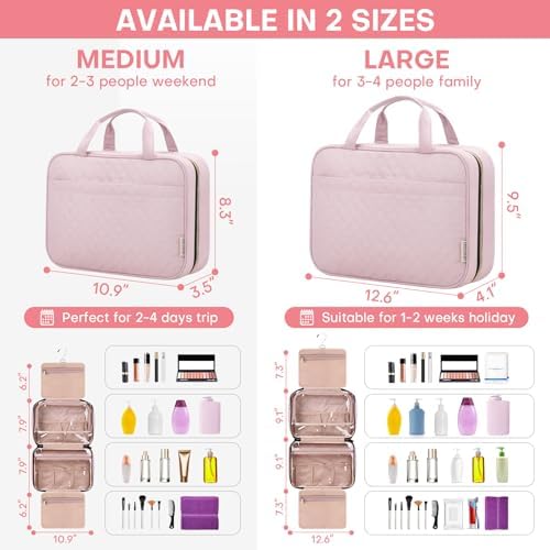 Travel Toiletry Bag for Women, Portable Makeup Cosmetic Bag with Hanging Hook, Travel Essentials 3 in 1 Packing Organizer Travel Bag for Accessories, Shampoo, Full-size Container, Toiletries