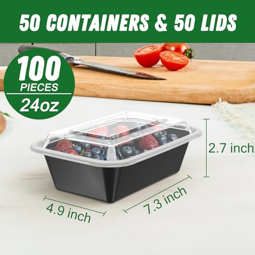 Dealusy 50 Pack (100-Piece) 24 oz Meal Prep Containers Reusable with Lids, Sturdy Leakproof & Food Safe, Microwave, Freezer, Dishwasher Safe Food Prep Containers, To Go Take Out Plastic Food Storage
