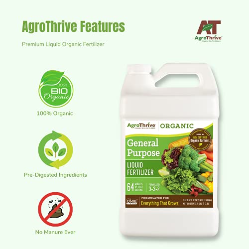 AgroThrive All Purpose Organic Liquid Fertilizer - 3-3-2 NPK (ATGP1064) (64 oz) for Lawns, Vegetables, Greenhouses, Herbs and Everything Else that Grows