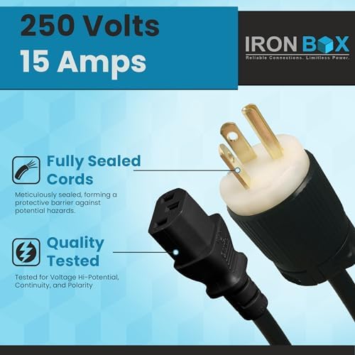 IronBox Electric - NEMA 6-20P Plug to IEC C13 Power Cord - 15A/250V, 14/3 AWG - UL Listed Heavy Duty Power Cord - Replacement Cords for Monitor, Computer, Printer, Audio Speaker & More (6ft, Molded)