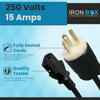 IronBox Electric - NEMA 6-20P Plug to IEC C13 Power Cord - 15A/250V, 14/3 AWG - UL Listed Heavy Duty Power Cord - Replacement Cords for Monitor, Computer, Printer, Audio Speaker & More (6ft, Molded)