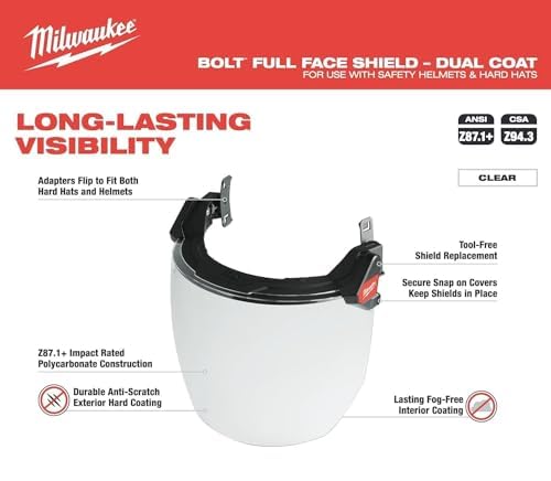 Milwaukee BOLT Full Face Shield, Clear, Compatible Safety Helmets & Hard Hats, 48-73-1420