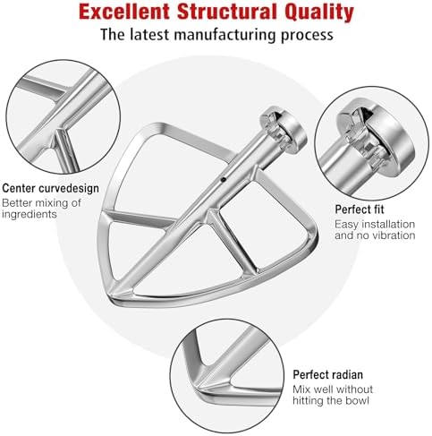 4.5-5QT Stainless Steel Flat Beater for KitchenAid Stand Mixer, Kitchen Aid Paddle Attachment Accessories/No coating/Dishwasher Safe Replacement for K45 KN15E1X KSM75 and Other Models