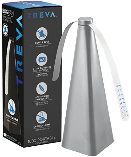 Treva Chemical Free Bug Fan, Fly Deterrent with Holographic Blades to Clear Bugs, Mosquitoes, and Flies, Battery Powered Fly Fan, Silver (4 Pack)