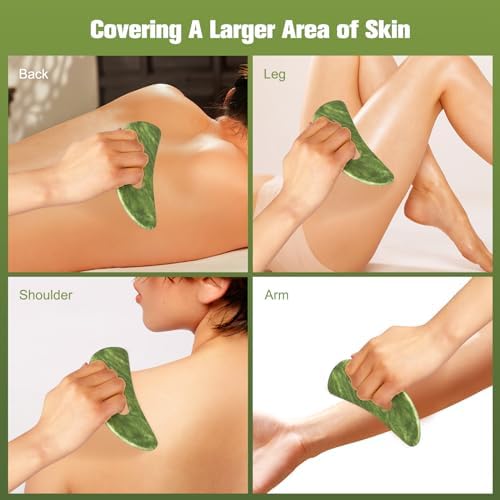 Jade Stone Gua Sha Massage Tool Set Larger Guasha Board with Handle Muscle Scraping Massage Tools Facial Anti Cellulite Spa Acupuncture Tools for Back Neck Face Leg Massage, Lymphatic Drainage