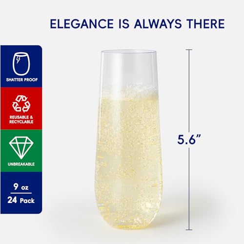 JOLLY CHEF 24 Pack Stemless Plastic Champagne Flutes 9 oz, Crystal Clear Stemless Plastic Toasting Glasses, Clear Disposable Unbreakable Drinkware Ideal for Wedding, Birthday, Party