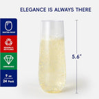 JOLLY CHEF 24 Pack Stemless Plastic Champagne Flutes 9 oz, Crystal Clear Stemless Plastic Toasting Glasses, Clear Disposable Unbreakable Drinkware Ideal for Wedding, Birthday, Party