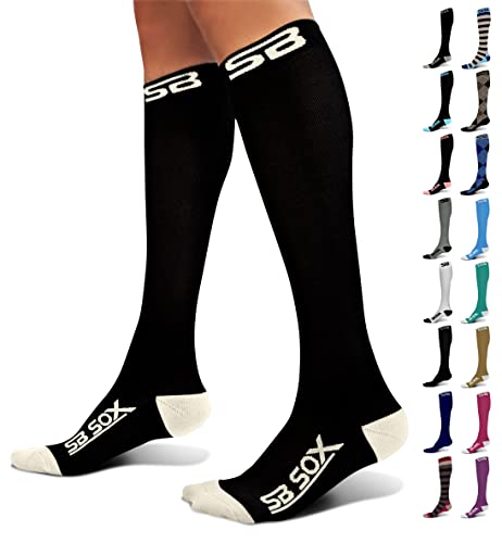 SB SOX Compression Socks (20-30mmHg) for Men & Women – Best Compression Socks for All Day Wear, Better Blood Flow, Swelling! (X-Large, Black/Beige)