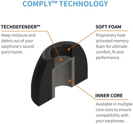 Comply 500 Core Series | Memory Foam Replacement IEM Ear Tips for KZ, Moondrop, FiiO Sennheiser & More | Superior Noise Isolation, Ultimate Comfort, Secure Fit | Round, Black (S/M/L) (3 Pairs)