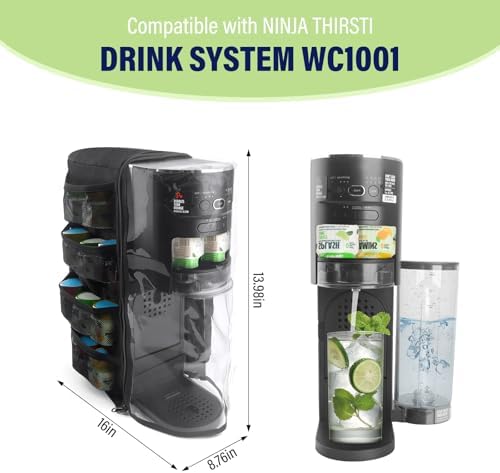 Soda Maker Dust Cover Fits for Ninja Thirsti WC1001, Soda Machine Cover Accessories for Ninja Thirsty Drink System, Extra Pockets Holds 12 Flavor Pods (Cover Only)