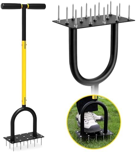 Lawn Aerator Spike Metal Manual Dethatching Soil Aerating Lawn with 15 Iron Spikes, Pre-Assembled Grass Aerator Tools for Yard, Lawn Aeration, Garden Tool, Revives Lawn Health（Black + Yellow01）