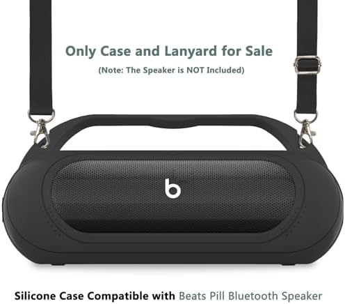 Silicone Cover Case for Beats Pill 2024 Wireless Bluetooth Speaker, Protective Stand Holder for Beats Pill Bluetooth Speaker Accessories with Should Strap (Black Case only)