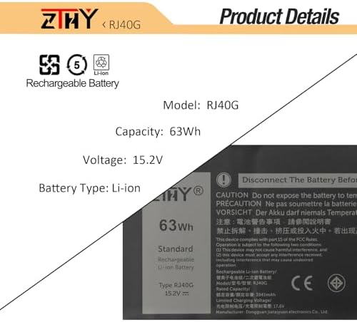 ZTHY 63Wh RJ40G Laptop Battery Replacement for Dell Latitude 14 5420 Latitude 15 5520 Precision 15 3560 Series P137G P137G001 P104F P104F001 P104F002 075X16 01K2CF WY9DX 0WK3F1 0M3KCN 005R42 15.2V
