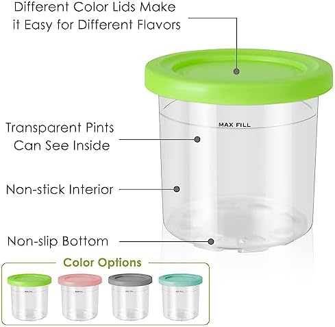 4 Pack Ice Cream Pint Containers, Replacement for Ninja Creami Pints and Lids, Compatible with NC299AMZ & NC300s Series Creami Ice Cream Makers, BPA Free, Dishwasher Safe, Grey/Pink/Green/Lake Blue
