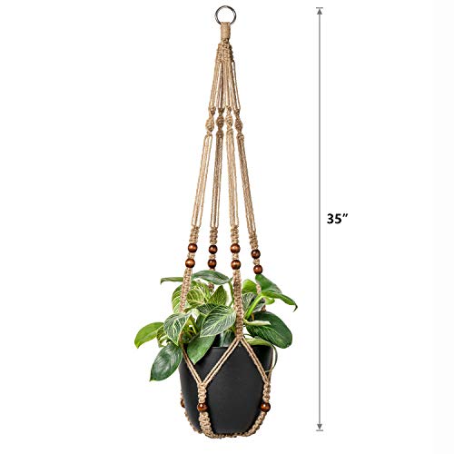 Mkono Macrame Plant Hanger Indoor Jute Hanging Planter Basket with Wood Beads Decorative Flower Pot Holder No Tassels for Boho Home Decor 35 Inch, Brown, Set of 2 (POTS NOT Included)