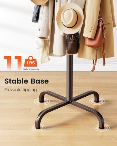 Pipishell Coat Rack with 14 Hooks, Freestanding Coat Rack Stand for Entryway, Hallway, Bedroom, and Office, Metal Coat Tree & Hat Rack for Coats, Hats, and Bags, Brown
