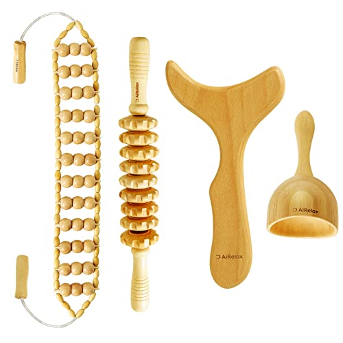 AiRelax 4 Pcs Maderoterapia Kit Wood Therapy Massage Tools for Body Shaping, Wooden Lymphatic Drainage Massager for Gua Sha, Massage Roller, Body Sculpting Tools Set for Body Contouring