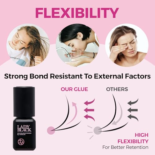 Lady Black Eyelash Extension Glue 5ml 3-4s Drying Time 5-6 Weeks Retention Sky Eyelash Glue Black Lash Glue for Eyelash Extensions Pegamento De Pestañas (PROFESSIONAL USE ONLY)