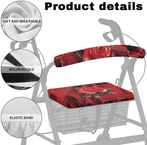 Seat Cover for Walkers for Seniors Red Rose Walker Seat Covers for Ladies Floral Rollator Walker Accessories for Seniors Adjustable Fabric Rollator Walker Seat and Backrest Covers