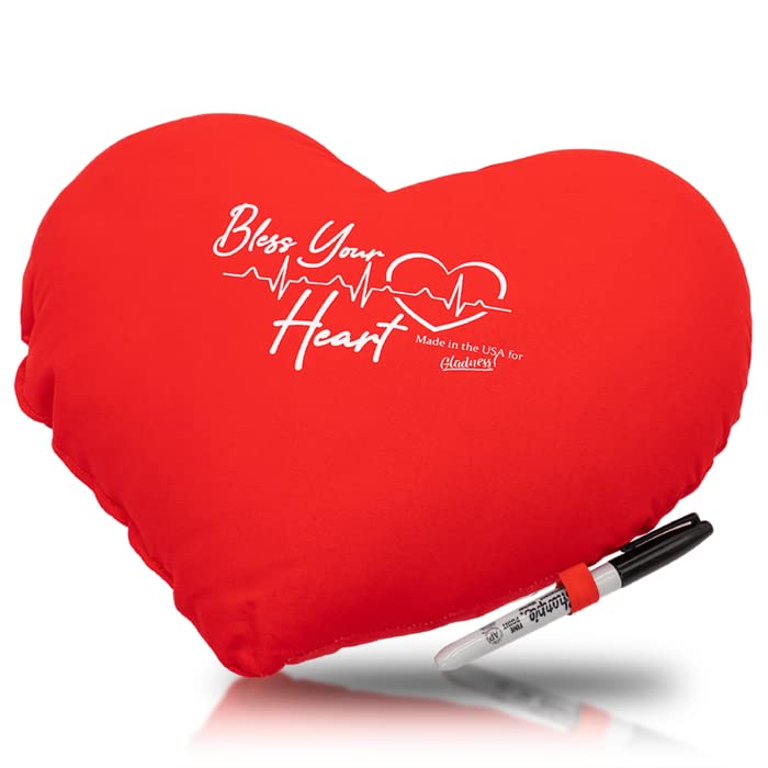 Gladness! Heart Pillow for After Bypass Open Heart Surgery, Mastectomy, Post Surgical Recovery Cough Seat Belt Pillow Bless Your Heart Get Well Soon Cardiac Patient Gift Pillow with Autograph Pen