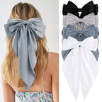 Velscrun Hair Bows for Women Girls 4Pcs White Silky Hair Bow Navy Blue Satin Large Coquette Bow Grey Big Hair Bows Clip Oversized Hair Ribbons Long Tail Black Bow Hair Barrettes Hair Accessories Gifts