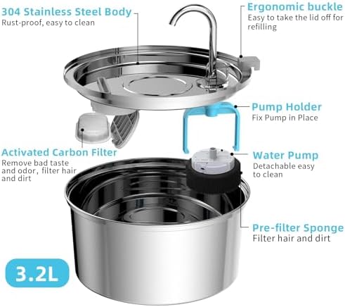 Tomxcute Cat Water Fountain, 3.2L/108oz Automatic Stainless Steel Pet Fountain Dog Water Dispenser, Ultra-Quiet Pump and 3 Replacement Filters & for Cats, Dogs, Multiple Pets