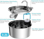 Tomxcute Cat Water Fountain, 3.2L/108oz Automatic Stainless Steel Pet Fountain Dog Water Dispenser, Ultra-Quiet Pump and 3 Replacement Filters & for Cats, Dogs, Multiple Pets