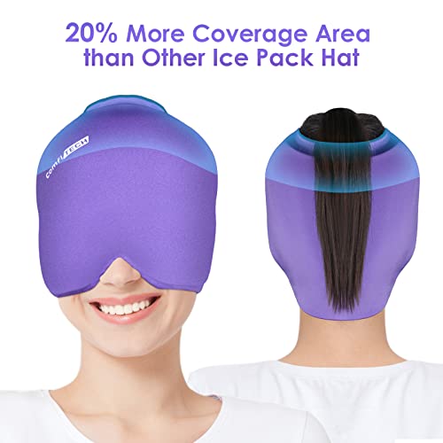 ComfiTECH Migraine Ice Head Wrap, Headache Relief Hat for Migraine Cap for Tension Puffy Eyes Migraine Relief Cap for Sinus Headache and Stress Relief Cold Compress (Medium Purple)