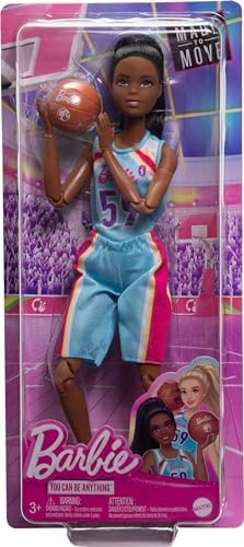 Barbie Careers Fashion Doll & Accessories, Made to Move Brunette Basketball Player Wearing Removable Uniform with Ball, 22 Bendable Joints