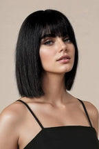Short Black Straight Wig with Bangs Black Wigs for Women Bob Shoulder Length Wigs Heat Resistant Fiber Synthetic Hair Wigs Hair Replacement Natural Looking(12INCH)