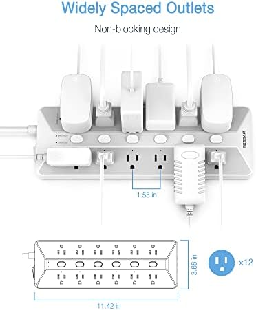 Power Strip with USB, Individual Switches, TESSAN 12 Outlets and 3 USB Ports, Long Extension Cord 6 Feet with Surge Protector for Home, Dorm and Office Accessories, 1700J Protection, Gray
