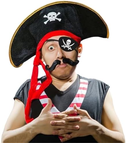D-Fokes 2 Pieces Pirate Hat Skull Print Pirate Captain Costume Cap - Pirate Accessories Funny Party Hat for Caribbean Fancy Dress with Eye Patch
