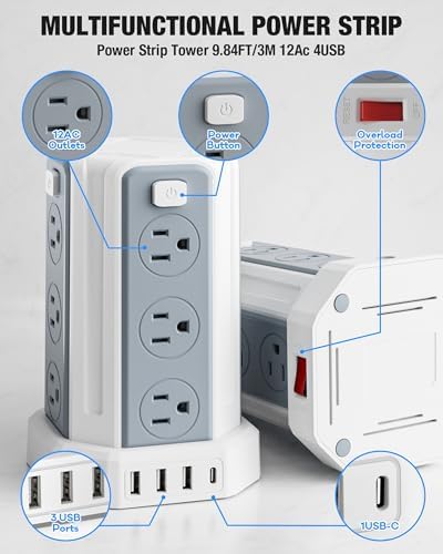 Power Strip Surge Protector, 10 Ft Extension Cord with 12 AC Multiple Outlets 4 USB (1 USB C), SMALLRT Power Tower Desktop Charging Station, Home Dorm Room Office Essentials, Desk Accessories White