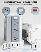 Power Strip Surge Protector, 10 Ft Extension Cord with 12 AC Multiple Outlets 4 USB (1 USB C), SMALLRT Power Tower Desktop Charging Station, Home Dorm Room Office Essentials, Desk Accessories White