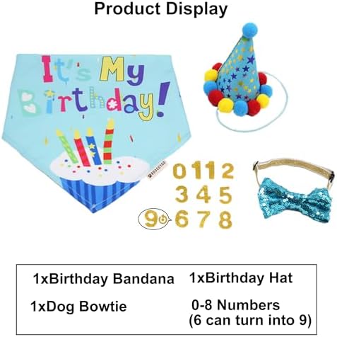ADOGGYGO Dog Birthday Bandana Scarf and Dog Girl Boy Birthday Party Hat with Cute Dog Bow Tie for Small Dog Cat (Small, Blue)