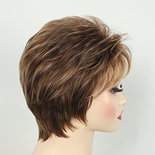TISHINING Pixie Cut Short Brown Wigs for Women Dark Brown Mixed Blonde Layered Short Hair Wig with Bangs Natural Looking Daily Party Synthetic Hair Replacement Wig