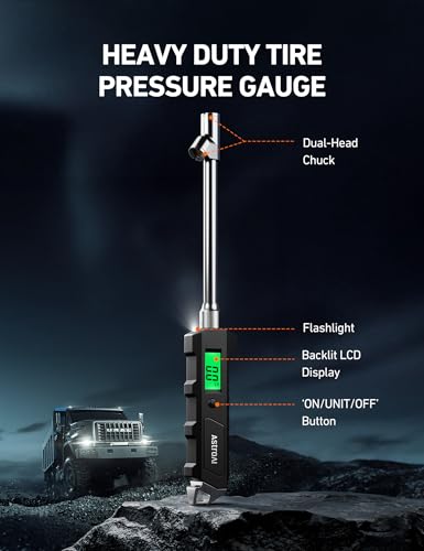 AstroAI Digital Tire Pressure Gauge 230 PSI Heavy Duty Dual Head Stainless Steel Made for Truck and RV with Backlit LCD and Flashlight Car Accessories (1)