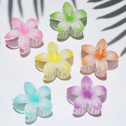 Hawaiian Plumeria Hair Accessories - 6 Pack Large Claw Clips for Thick and Thin Hair, Beach Tropical Hair Clips for Women and Girls