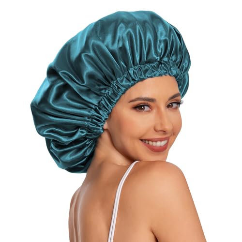 Satin Bonnet Silk Bonnet Hair Bonnet for Sleeping-Slouchy Beanie Hat Satin Sleep Cap for Women's Natural & Curly Hair(Blue Zircon&Purple)