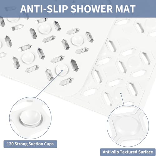 OTHWAY Square Shower Mat, 27"x 27"Extra Large Anti Slip Mat for Shower, Machine Washable Baby Bath Mat with Drain Holes in Middle, TPE White Bath Mat for Tub Bathroom Elderly Kids Toddlers(White)