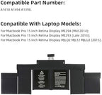 A1618 A1494 Battery Replacement for MacBook Pro A1398 Battery(Late 2013, Mid 2014, Mid 2015 Version), Apply to MacBook Pro 15 inch Retina Late 2013，Mid 2014 and Mid 2015