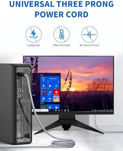 Power Cord - 3 Pin Power Cord Braided,10FT/3m AC Replacement Power Cable 3 Prong,Universal Power Cord for Monitor, PS3, Xbox-360, TV, Computer, Printer,PC and More(10A,110V-250V,18AWG)