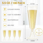 SUREHOME Champagne Flutes Plastic 100 Pack Gold Glitter Champagne Glasses Disposable Mimosa Glasses 5.5 Oz Sparkle Clear Acrylic Wedding Toasting Glasses Bulk for Party Bar Accessories Cocktail Cups