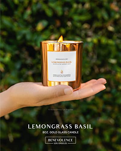 Benevolence LA Lemongrass & Basil Wood Wick Candles | 8 Oz Scented Candles for Home Scented | Spring Candle | 45 Hour Burn Aromatherapy Candles for Women | Essential Oil Candles for Men