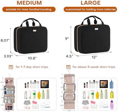 8L Travel Toiletry Bag for women - 2.1 GAL Water-resistant Makeup Cosmetic Bag Organizer With Hanging Hook for Travel Accessories Shampoo Full-size Container, Black