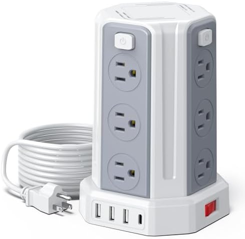 Power Strip Surge Protector, 10 Ft Extension Cord with 12 AC Multiple Outlets 4 USB (1 USB C), SMALLRT Power Tower Desktop Charging Station, Home Dorm Room Office Essentials, Desk Accessories White