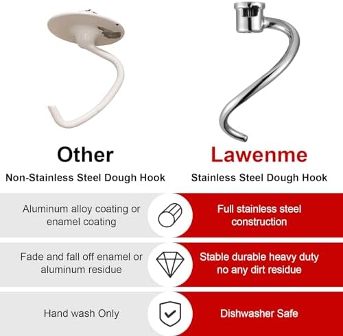 5 QT Dough Hook for KitchenAid Mixer, Stainless Steel Spiral Dough Hook Attachment for KitchenAid 4.5-5 Qt Tilt-Head Stand Mixers, Replacement Bread Hook Fits Models K45, KSM90, KSM150