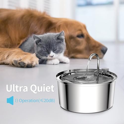 Tomxcute Cat Water Fountain, 3.2L/108oz Automatic Stainless Steel Pet Fountain Dog Water Dispenser, Ultra-Quiet Pump and 3 Replacement Filters & for Cats, Dogs, Multiple Pets
