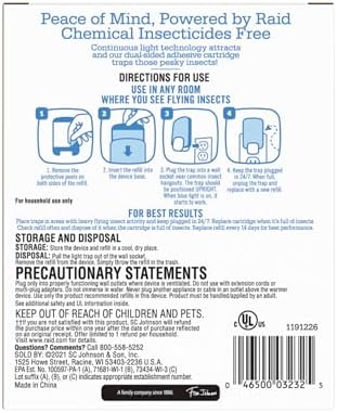 Raid Essentials Flying Insect Light Trap Starter Kit, 1 Plug-In Device + 1 Cartridge, Featuring Light Powered Attraction