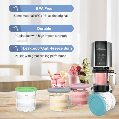 NANOBABY Pint Containers and Lids Replacement Compatible with Ninja CREAMi 7-in-1 Ice Cream Maker, 16oz Pint Cup Replacement for Ninja Creami NC300 Series,NC301 NC299AMZ CN305A CN301CO,4-Pack,BPA Free